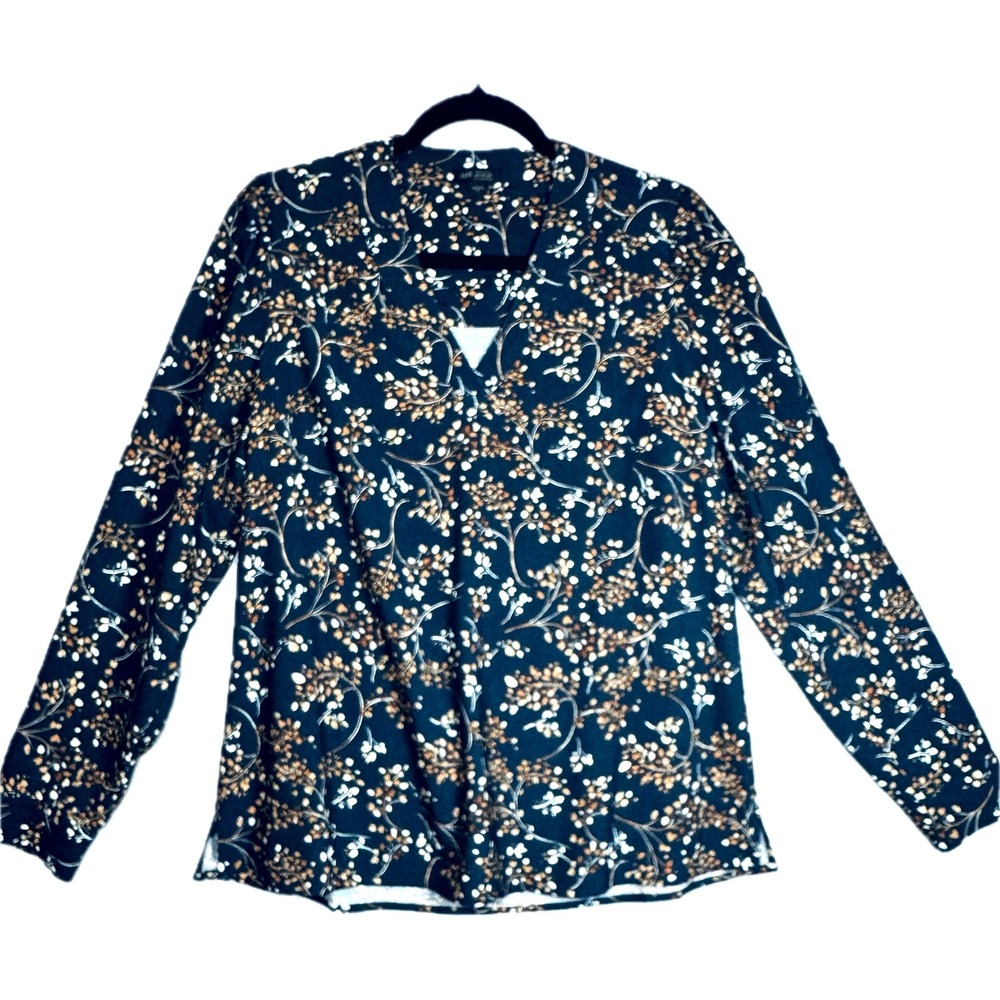 J.Jill Wearever Collection Top Women Small Teal Blue Floral Long Sleeve V-Neck